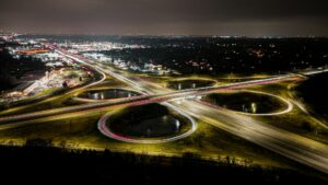 Aerial view of the Minneapolis suburbs on a damp cold winter night