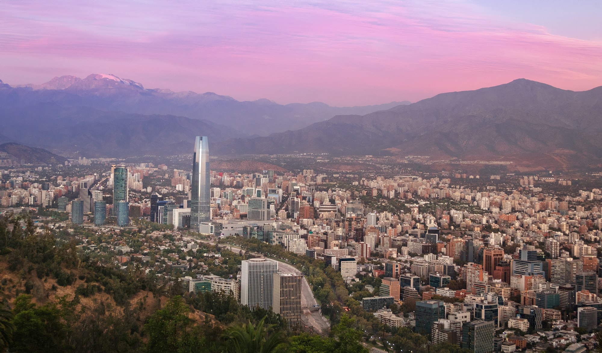 Aerial view of Santiago skyline at sunset with Costanera skyscraper - Santiago, Chile