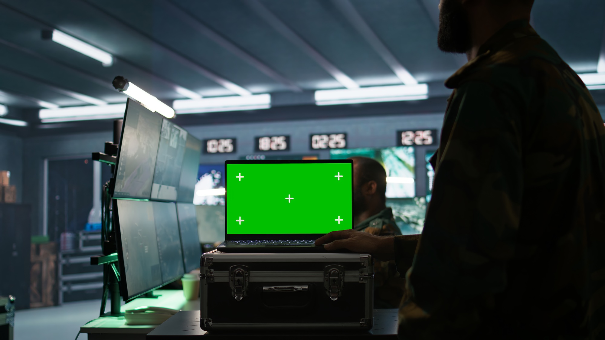 Soldier using tracking software on green screen laptop to gain info against enemies