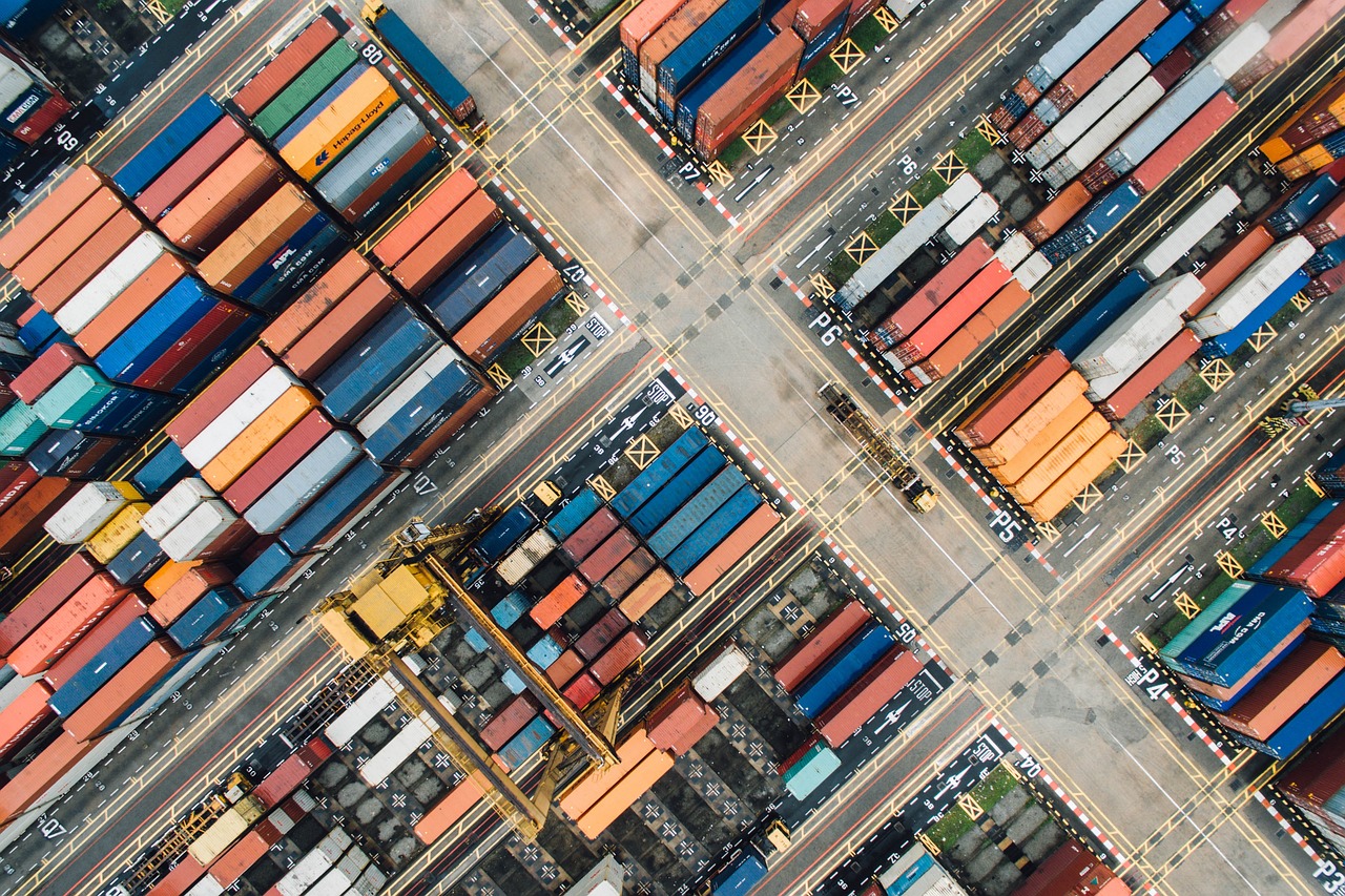 container vans, aerial view, loading dock, aerial photography