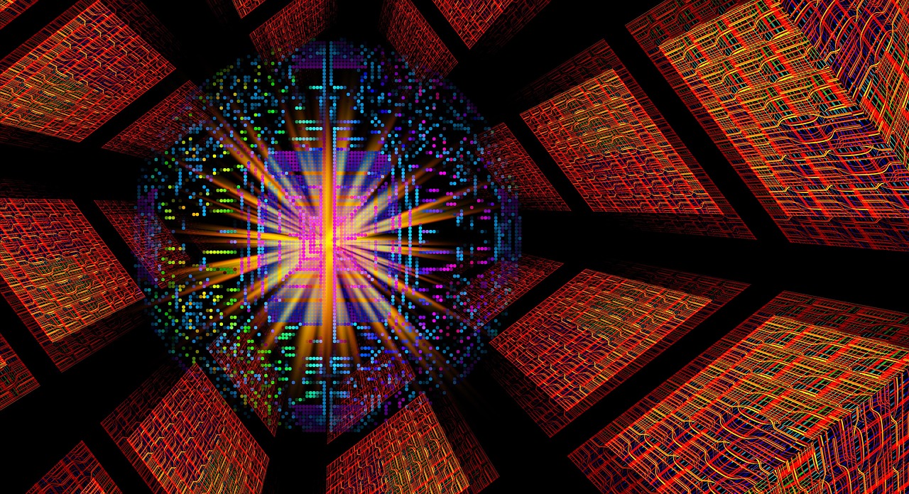 quantum computer, entanglement, lines, superposition, algorithm, simulator, quantum field theory, chromodynamics, gravity, abstract