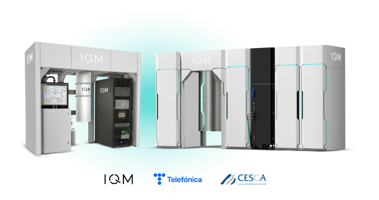 Logo presentation showcasing the partnership between IQM Quantum Computers, Telefónica, and CESGA for the deployment of quantum systems in Spain.